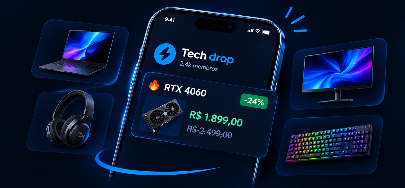 TechDrop no celular mostrando oferta de RTX 4060 com laptop, fone, monitor e teclado